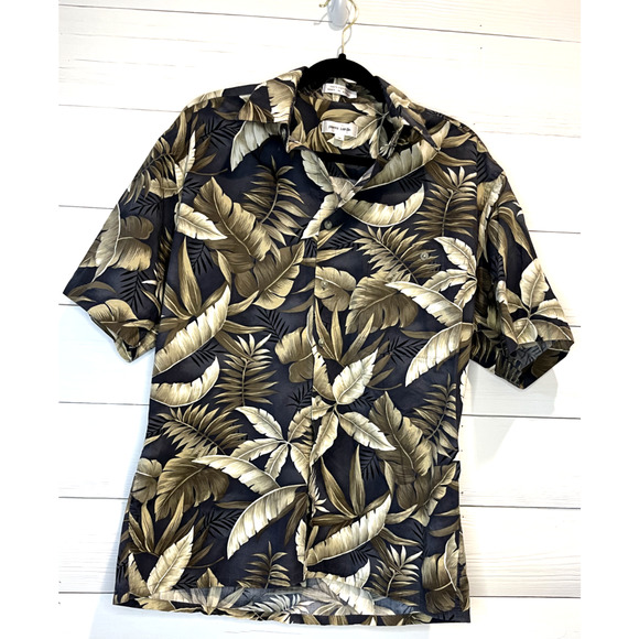 Pierre Cardin Mens Short Sleeve Shirt Hawaiian Casual Button Down Black Brown M - Picture 1 of 4